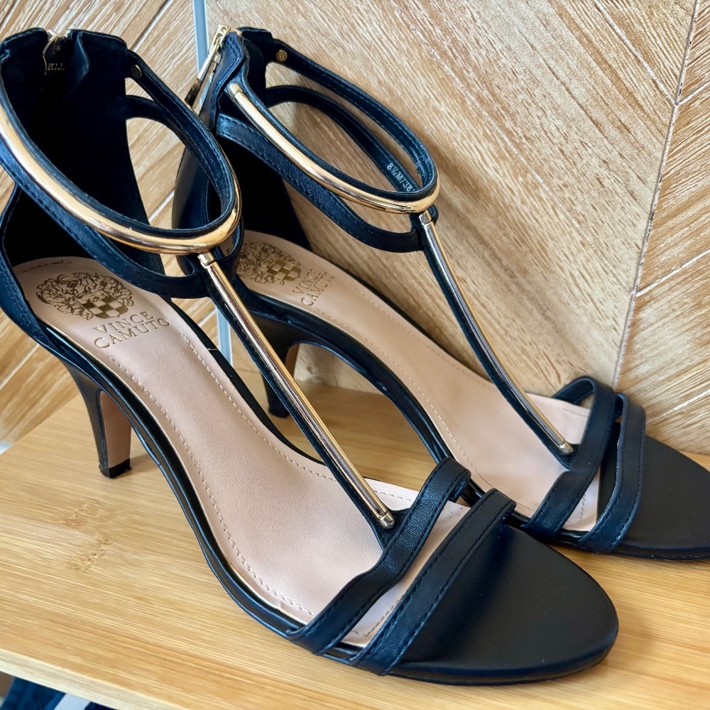 Vince Camuto Gold Black Sandal Heels